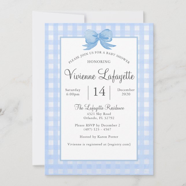 Niedlich Baby Blue Gingham mit Bow Baby Dusche Einladung (Vorderseite)