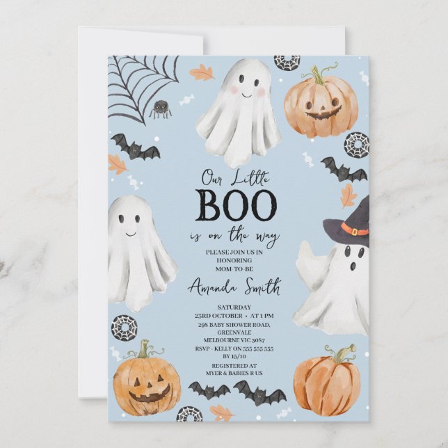 Niedlich Baby Blue Halloween Little Boo Baby Dusch Einladung (Vorderseite)