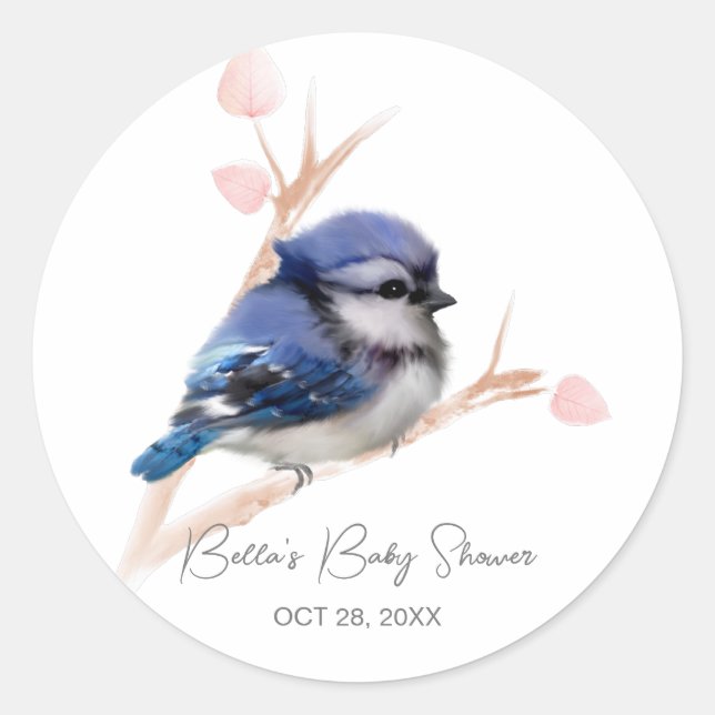 Niedlich Baby Blue Jay Baby Dusche Runder Aufkleber (Vorderseite)