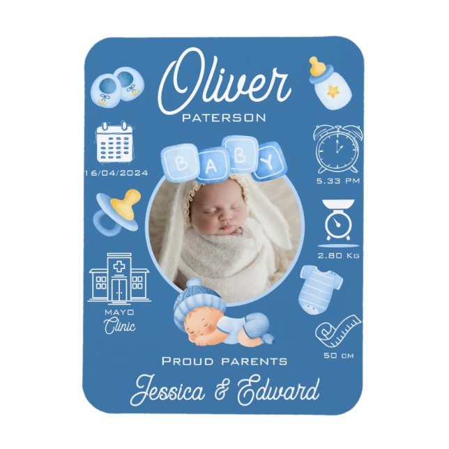 Niedlich Baby Boy Birth Stats Blue Neuborn Moderne Magnet (Vertikal)