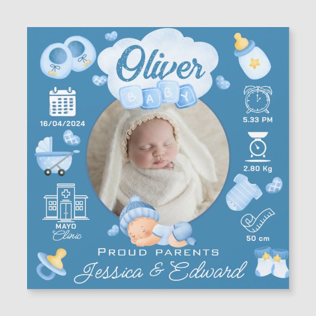 Niedlich Baby Boy Birth Stats Blue Neuborn Moderne Magnetkarte (Vorderseite)