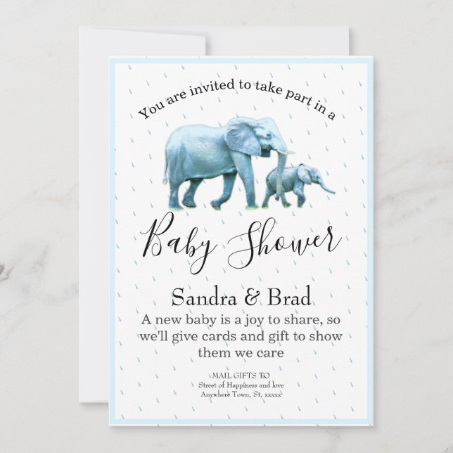 Niedlich Baby Boy Blue Elephants Baby Dusche Einladung (Vorderseite)