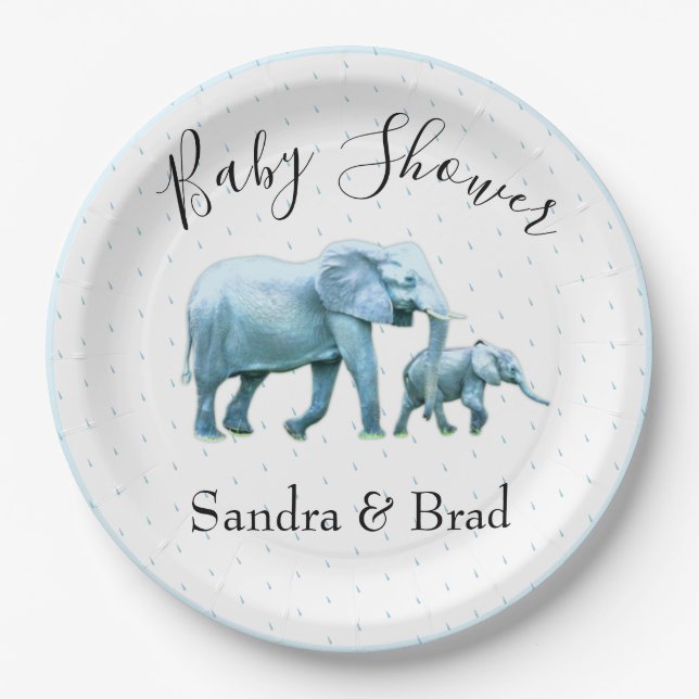 Niedlich Baby Boy Blue Elephants Baby Dusche Pappteller (Vorderseite)