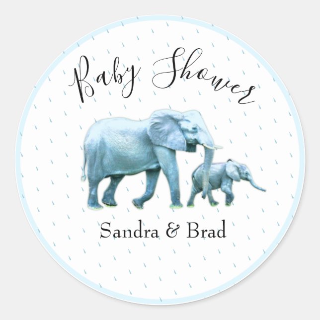Niedlich Baby Boy Blue Elephants Baby Dusche Runder Aufkleber (Vorderseite)