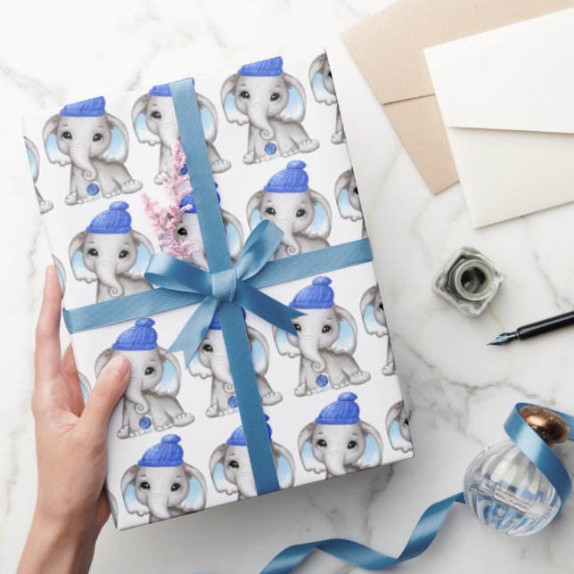 Niedlich Baby Boy Elephant Winter Weihnachten Geschenkpapier (Schenken)