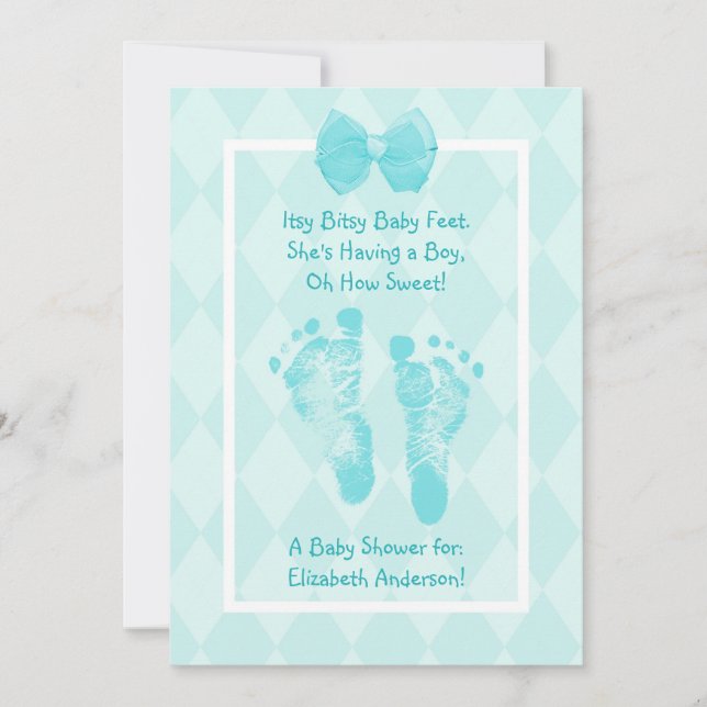 Niedlich Baby Boy Footprints Baby Dusche Blue Ribb Einladung (Vorderseite)