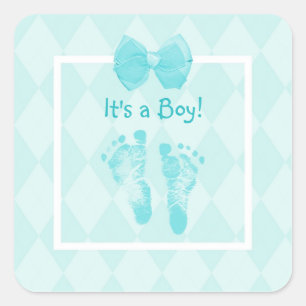 Niedlich Baby Boy Footprints Baby Shower Blue Ribb Quadratischer Aufkleber