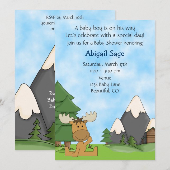 Niedlich Baby Boy Mountain Elch Baby Dusche Einladung (Vorne/Hinten)