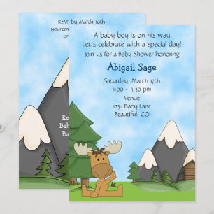 Niedlich Baby Boy Mountain Elch Baby Dusche Einladung