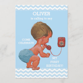 Niedlich Baby Boy on Phone 1. Geburtstag Chevrons Einladung