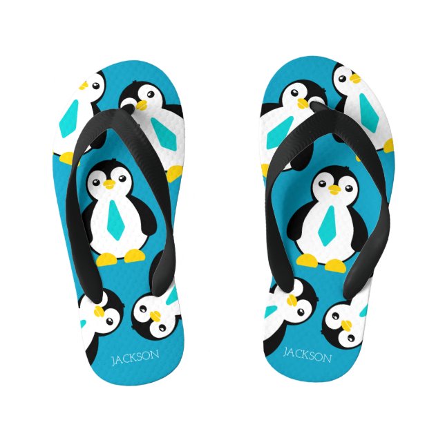 Niedlich Baby Boy Pinguine mit Blue Neckties Kinderbadesandalen (Fußbett)
