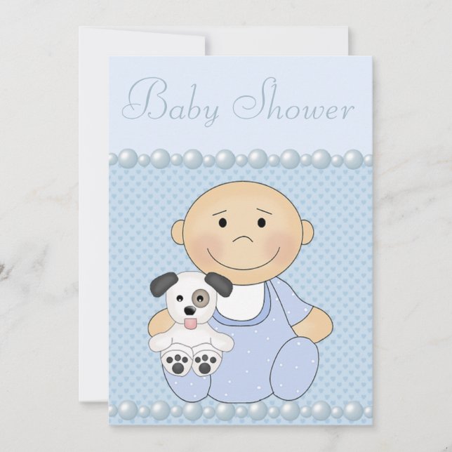 Niedlich Baby Boy & Puppy Blue Baby Dusche Einladung (Vorderseite)