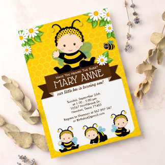 Niedlich Baby Bumble Bee Honey Bee 1. Geburtstag Einladung