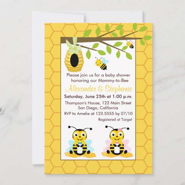 Niedlich Baby Bumblebee Twin Girls Boy Baby Shower Einladung (Vorderseite)