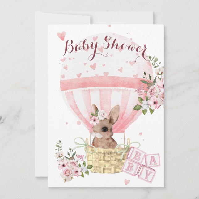 Niedlich Baby Bunny Floral Pink Kinderdusche Einla Einladung (Vorderseite)