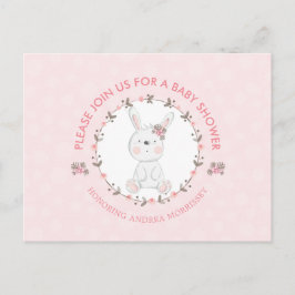 Niedlich Baby Bunny Floral Wreath Pink Babydusche Einladungspostkarte