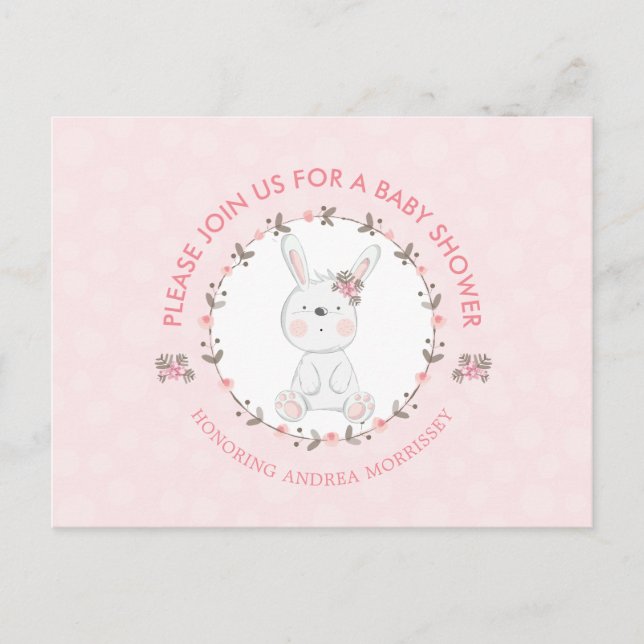 Niedlich Baby Bunny Floral Wreath Pink Babydusche Einladungspostkarte (Vorderseite)