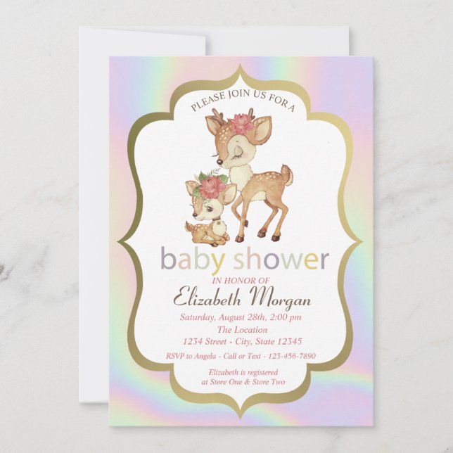 Niedlich Baby Deer Frame Holographic Baby Dusche Einladung (Vorderseite)