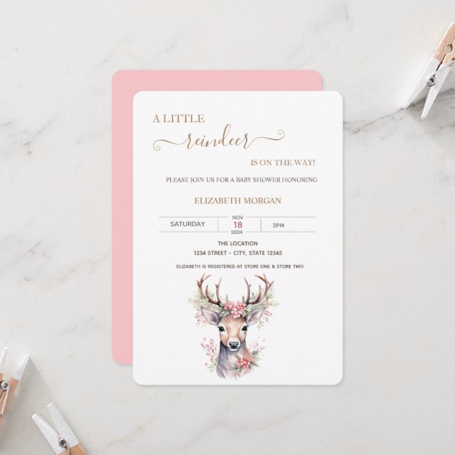 Niedlich Baby Deer Holly Berry Babydusche Einladung (Vorderseite/Rückseite Beispiel)