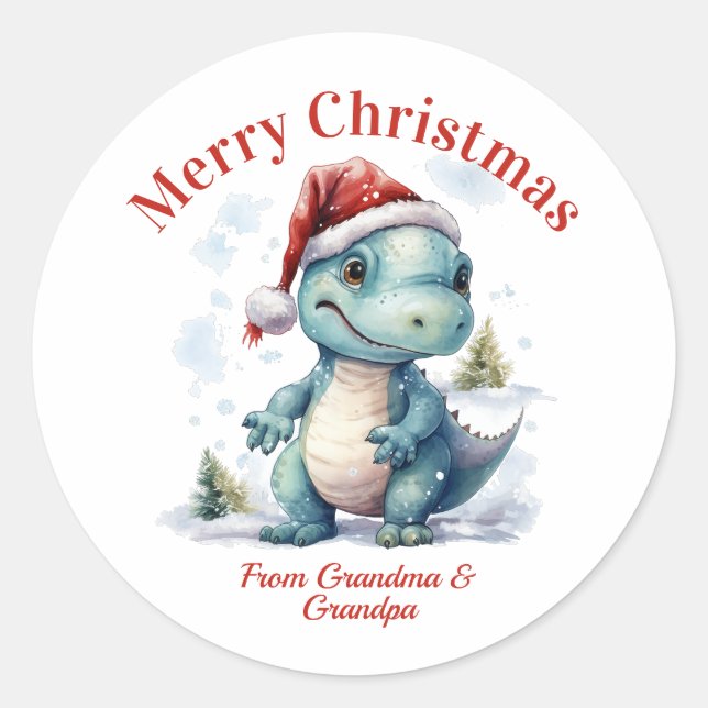 Niedlich Baby Dinosaur Frohe Weihnachten Runder Aufkleber (Vorderseite)