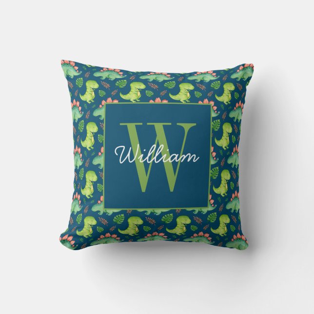 Niedlich Baby Dinosaurier Muster Monogramm und Nam Kissen (Vorderseite)