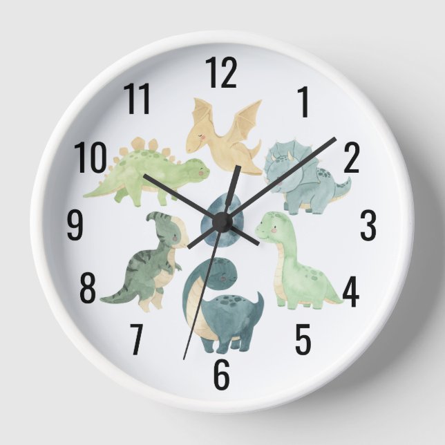 Niedlich Baby Dinosaurier Watercolor Black Uhr (Vorderseite)