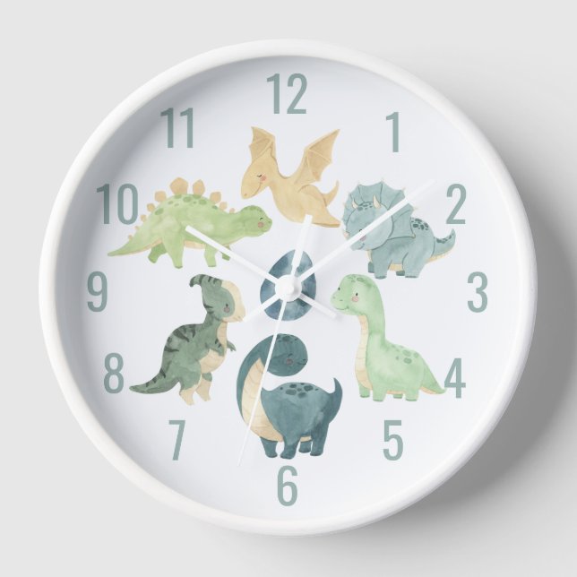 Niedlich Baby Dinosaurier Watercolor Blue Uhr (Vorderseite)