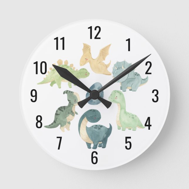 Niedlich Baby Dinosaurier Watercolor Runde Wanduhr (Vorderseite)