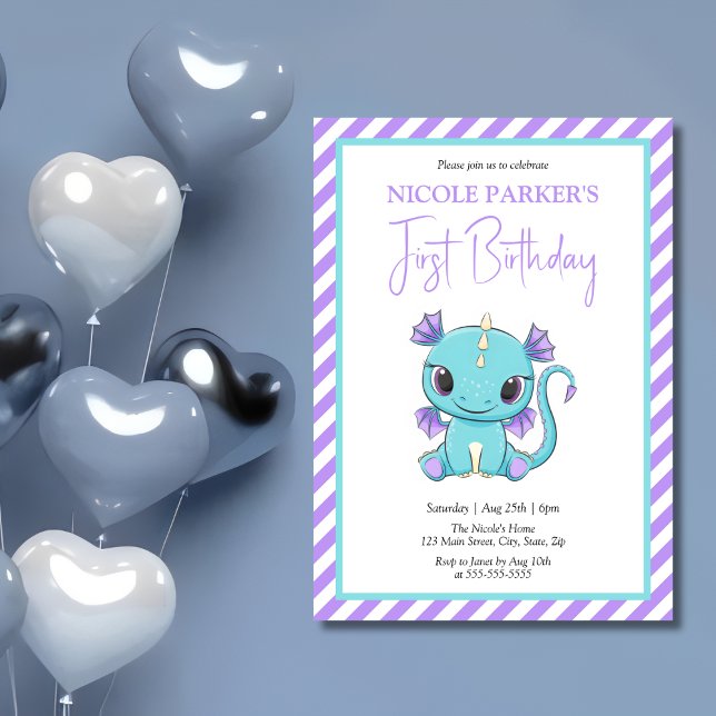 Niedlich Baby Dragon Lila Stripes 1. Geburtstag Einladung (Von Creator hochgeladen)