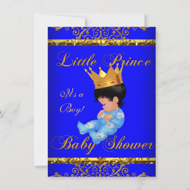 Niedlich Baby Dusche Blue Gold Boy Prince Crown 3 Einladung (Vorderseite)