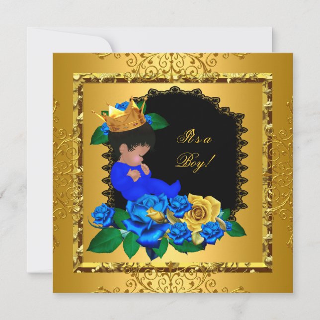 Niedlich Baby Dusche Blue Gold Boy Prince Crown 5 Einladung (Vorderseite)