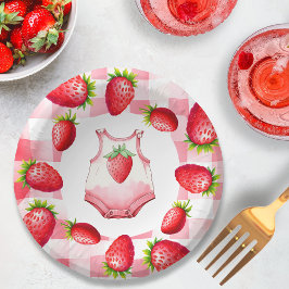 Niedlich Baby Dusche Gingham Strawberry Picnic Ret Pappteller