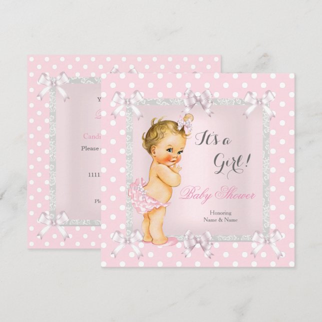 Niedlich Baby Duwer Girl Pink Grau Blonde Einladung (Vorne/Hinten)
