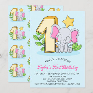 Niedlich Baby Elephant 1. Geburtstag Party Einladu Einladung