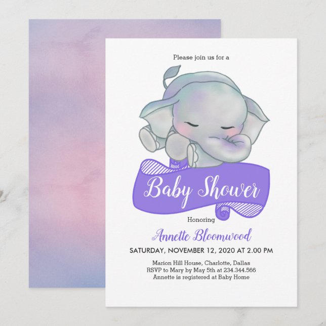 Niedlich Baby Elephant | Babyparty Einladung (Vorne/Hinten)