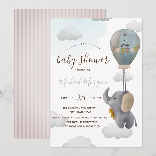 Niedlich Baby Elephant Ballon Stripes Baby Dusche Einladung (Vorne/Hinten)