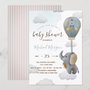 Niedlich Baby Elephant Ballon Stripes Baby Dusche Einladung