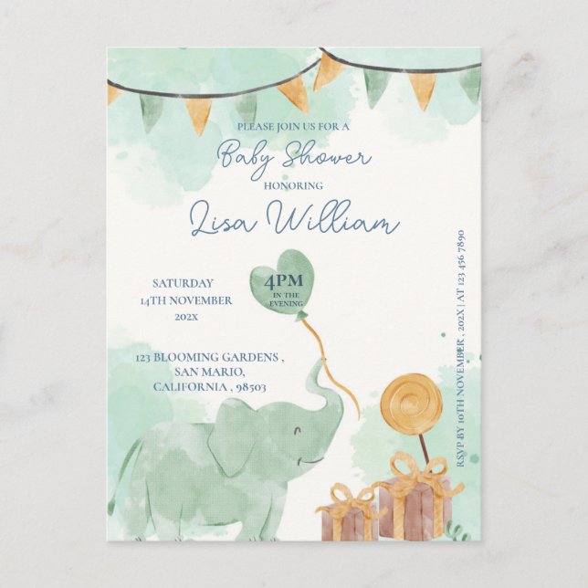 Niedlich Baby Elephant Balloon Babydusche Einladun Postkarte (Vorderseite)