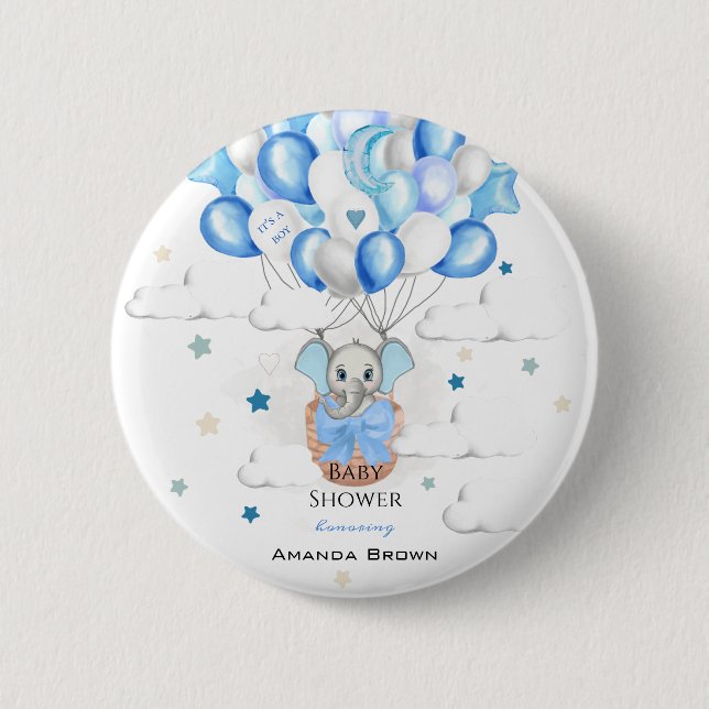 Niedlich Baby Elephant Balloons Basket Boy Baby Du Button (Vorderseite)