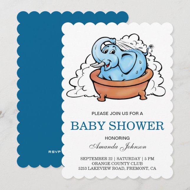 Niedlich Baby Elephant Bath Tub Babydusche Einladu Einladung (Vorne/Hinten)