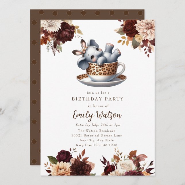 Niedlich Baby Elephant | Birthday Tee Party Einladung (Vorne/Hinten)