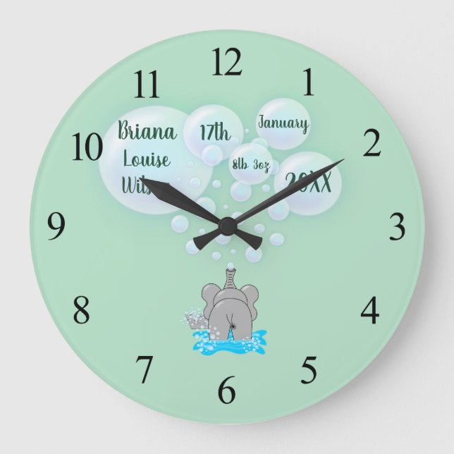 Niedlich Baby Elephant Blasblasen Mit Monogramm Große Wanduhr (Vorderseite)