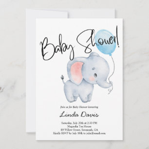 Niedlich Baby Elephant Blue Balloon Baby Dusche Einladung