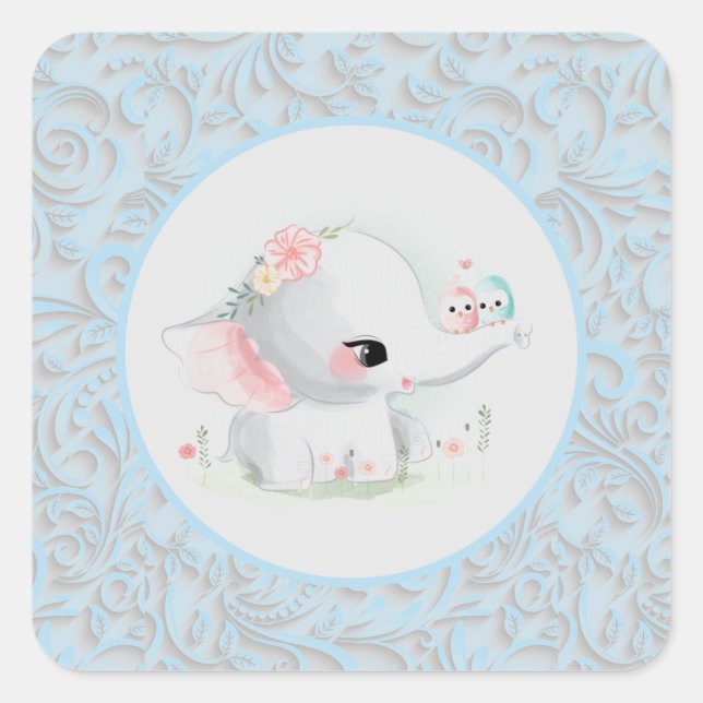 Niedlich Baby Elephant Blue Boy Quadratischer Aufkleber (Vorderseite)
