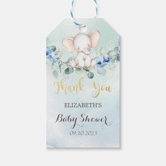 Niedlich Baby Elephant Blue Rose Babydusche Geschenkanhänger (Vorderseite)