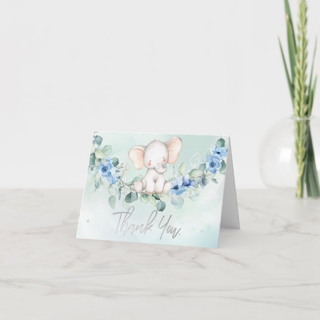 Niedlich Baby Elephant Blue Rose Dankeskarte (Vorderseite)