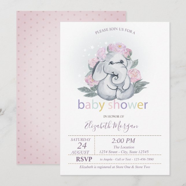 Niedlich Baby Elephant Blume Polka Dots Babydusche Einladung (Vorne/Hinten)