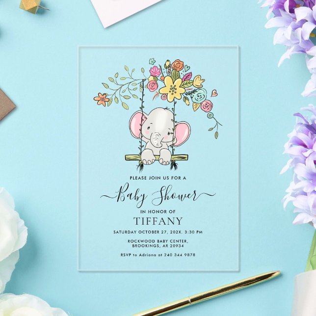 Niedlich Baby Elephant Boy Floral Swing Baby Dusch Acryleinladungen (Von Creator hochgeladen)