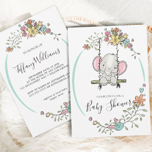 Niedlich Baby Elephant Boy Floral Swing Baby Dusch Einladung