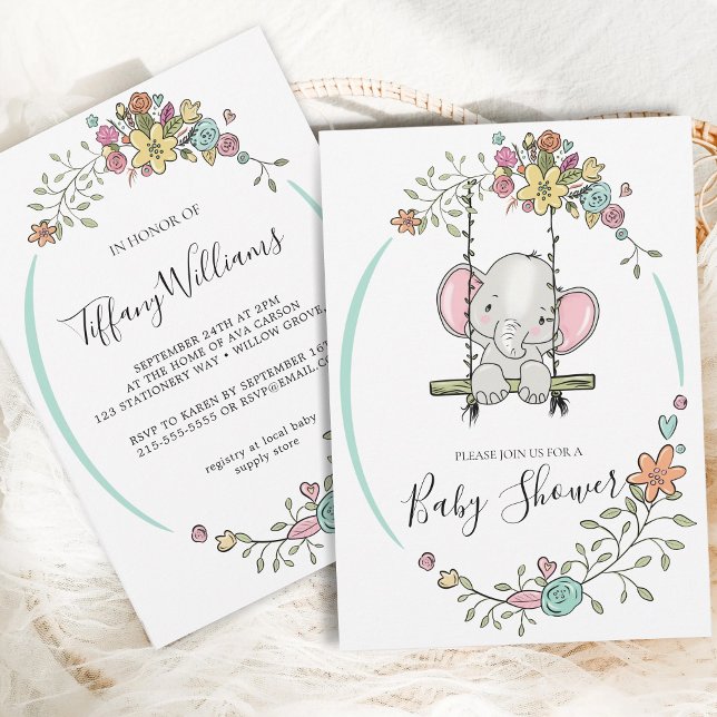 Niedlich Baby Elephant Boy Floral Swing Baby Dusch Einladung (Von Creator hochgeladen)